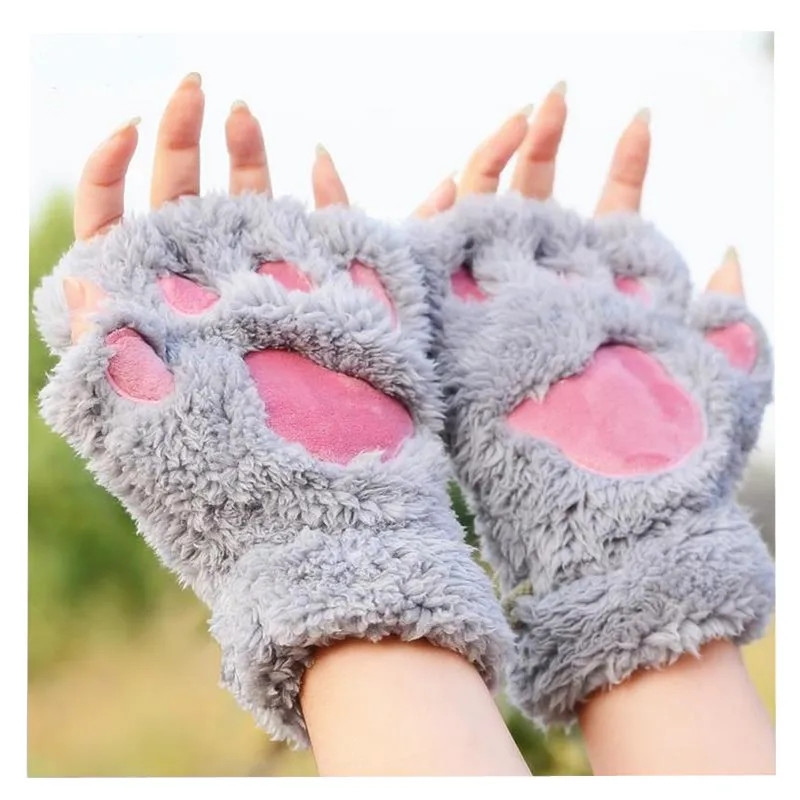 Новые зимние теплые плюшевые перчатки с кошачьими лапами, женские модные короткие перчатки без пальцев с клавиатурой, новогодние подарочные варежки