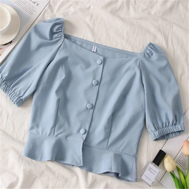 

2019 summer New Retro Solid Color Single-Breasted Puff Sleeves Slim Short Style Short-Sleeved Top Whirt Women
