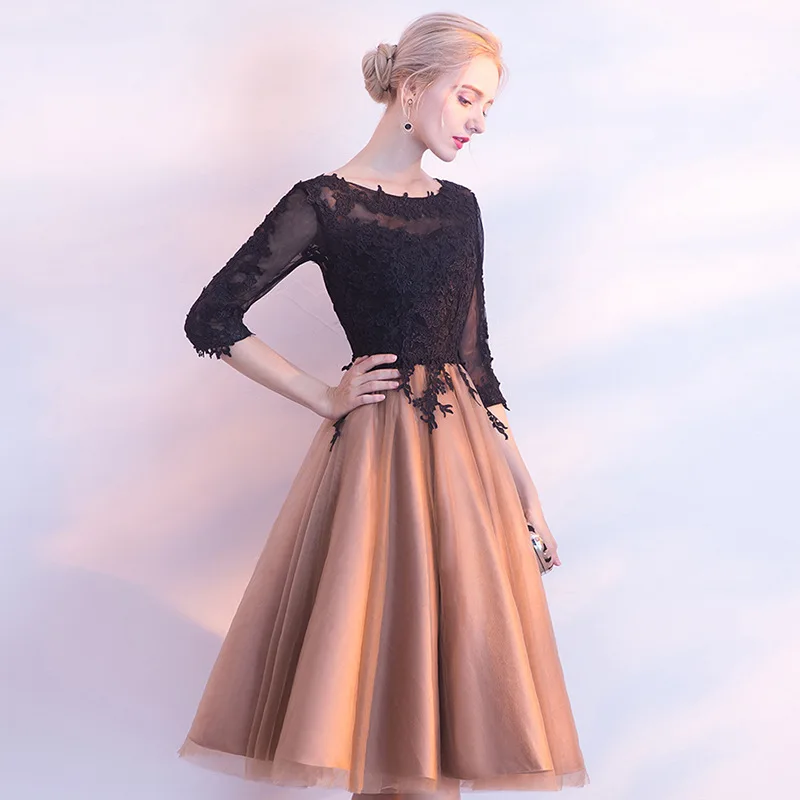 It's YiiYa Luxury Black And Yellow O-Neck Half Sleeve Backless Appliques Lace Up Cocktail Dresses Knee Length Formal Dress LX458