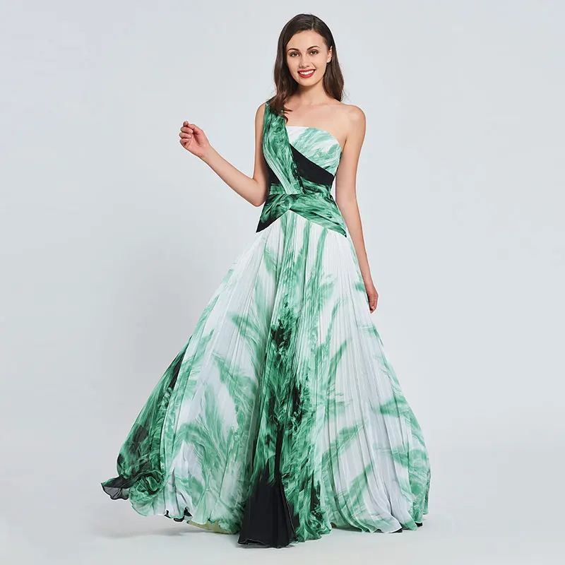 

Tanpell printed prom dresses one shoulder zipper-up floor length a line gown women celebrity custom long formal prom dress