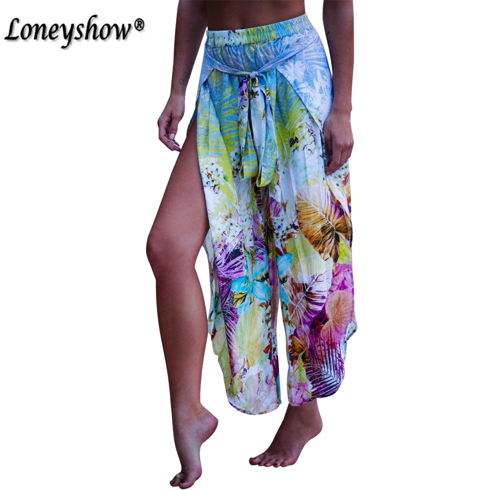 Loneyshow Sexy side split wide leg pants women Boho summer