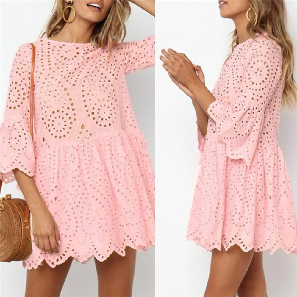 

Womens Flowers Lace Short Sleeve Party Dress Vintage Lace Dress Polyester Solid O-Neck Women's Summer Dress Vestido #51015