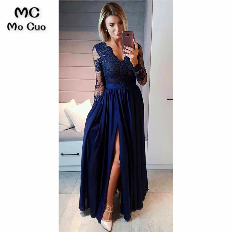 Готовые к отправке темно-синие вечерние платья длинное V длинное платье с открытой спиной De Soiree передний разрез Аппликации шифон женское вечернее платье - Цвет: navy blue