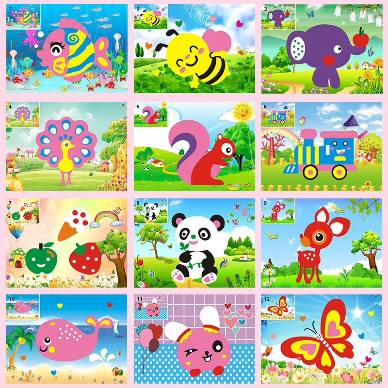 

DSUE 10 designs/lot DIY Cartoon Animal 3D EVA Foam Sticker Puzzle Series Early Learning Education Toys for Children Random Send