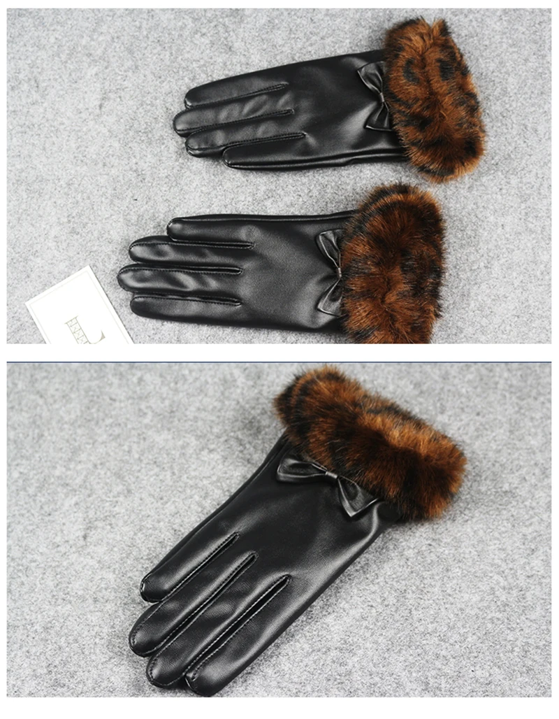 Женский Сенсорный экран перчатки из искусственной кожи Для женщин перчатки Водонепроницаемый искусственного меха кролика толстые теплые