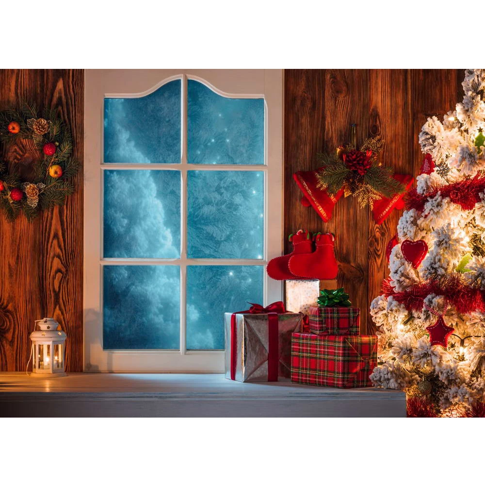 

Xmas Party Photo Booth Backdrop White Door Printed Garland Christmas Tree Present Boxes Home Decoration Photography Backgrounds