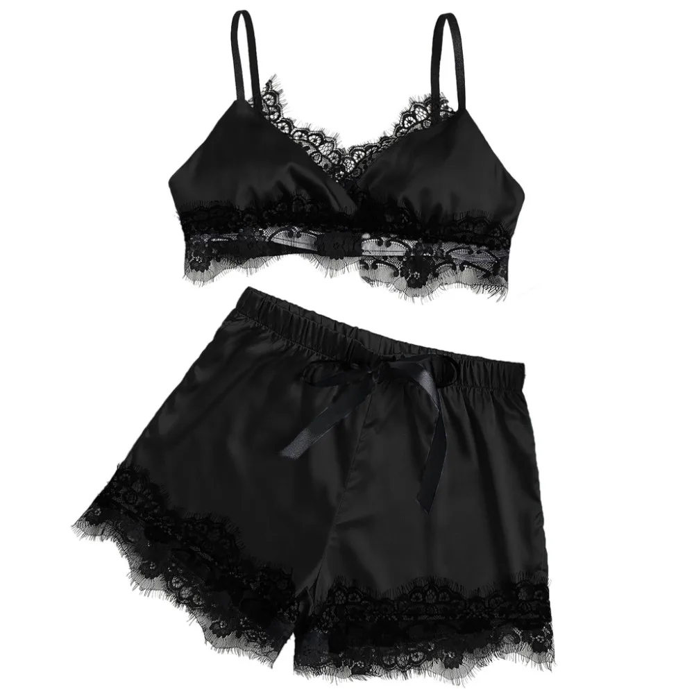 Womens Summer Contrast Sexy Pajamas Set Spaghetti Crop Top Bra Wide Leg