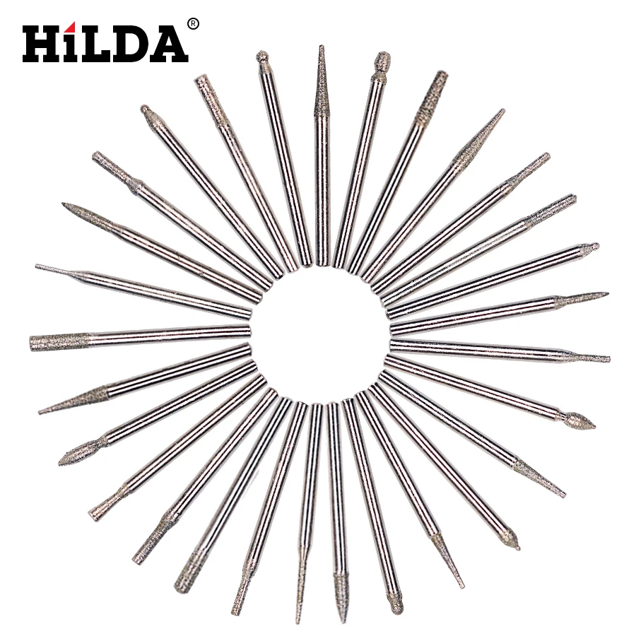 

HILDA 1/8 " 30Pcs Shank Diamond Mini Drill Grinding Head Burr Trigonometric Tip Drill Bits Rotary Tool Dremel Accesories