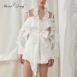 MIAOQING пикантные полые Комбинезоны для женщин для 2018 Весна точка Белый Винтаж оборками бинты женские Элегантная одежда