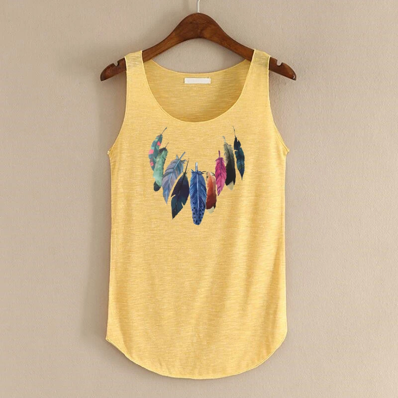 

Summer Womens Casula Crew-Neck Soft Vest Tank Tops Feather Pattern Tops Blouse