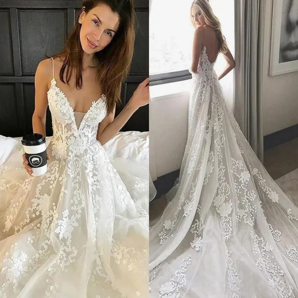 2017 Pallas Haute Wedding Dresses Lace Applique Sexy Country Modest Spaghetti Backless Elegant Beach Boho Vintage Bridal Gowns Cheap