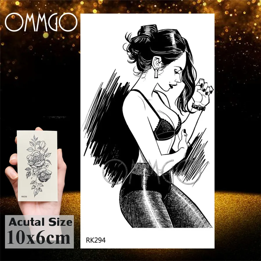 OMMGO Sexy Naked Girl Hot Temporary Tattoos Women Sticker Black Drawing Fake Tattoo Custom Tatoos Lips Body Art Arm Minimalist