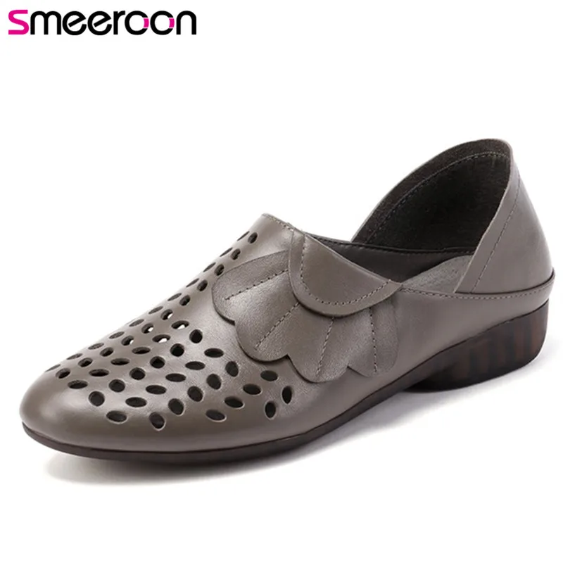 

smeeroon 2019 top quality soft leather casual shoes women hollow out spring summer single shoes comfortable ladies flat shoes