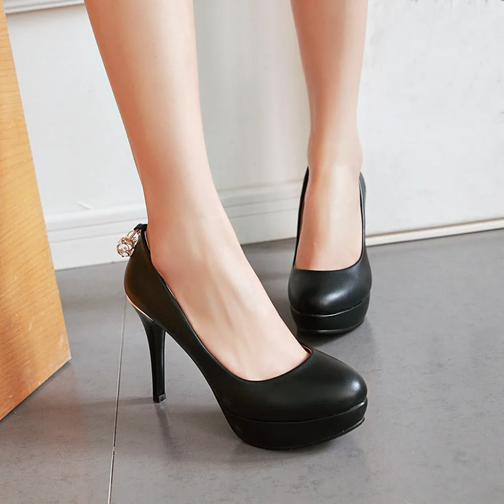 

Women Shoes Platform Heels Concise Black Pumps Women Shoes Big Size In High Heels Party Round Toe Pumps Thin Heels PU Leather
