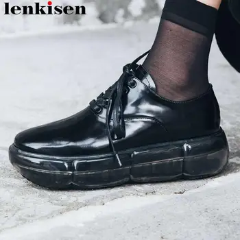 

Lenkisen European style full grain leather med bottom flat platform lace up black sneakers round toe casual vulcanized shoes L09