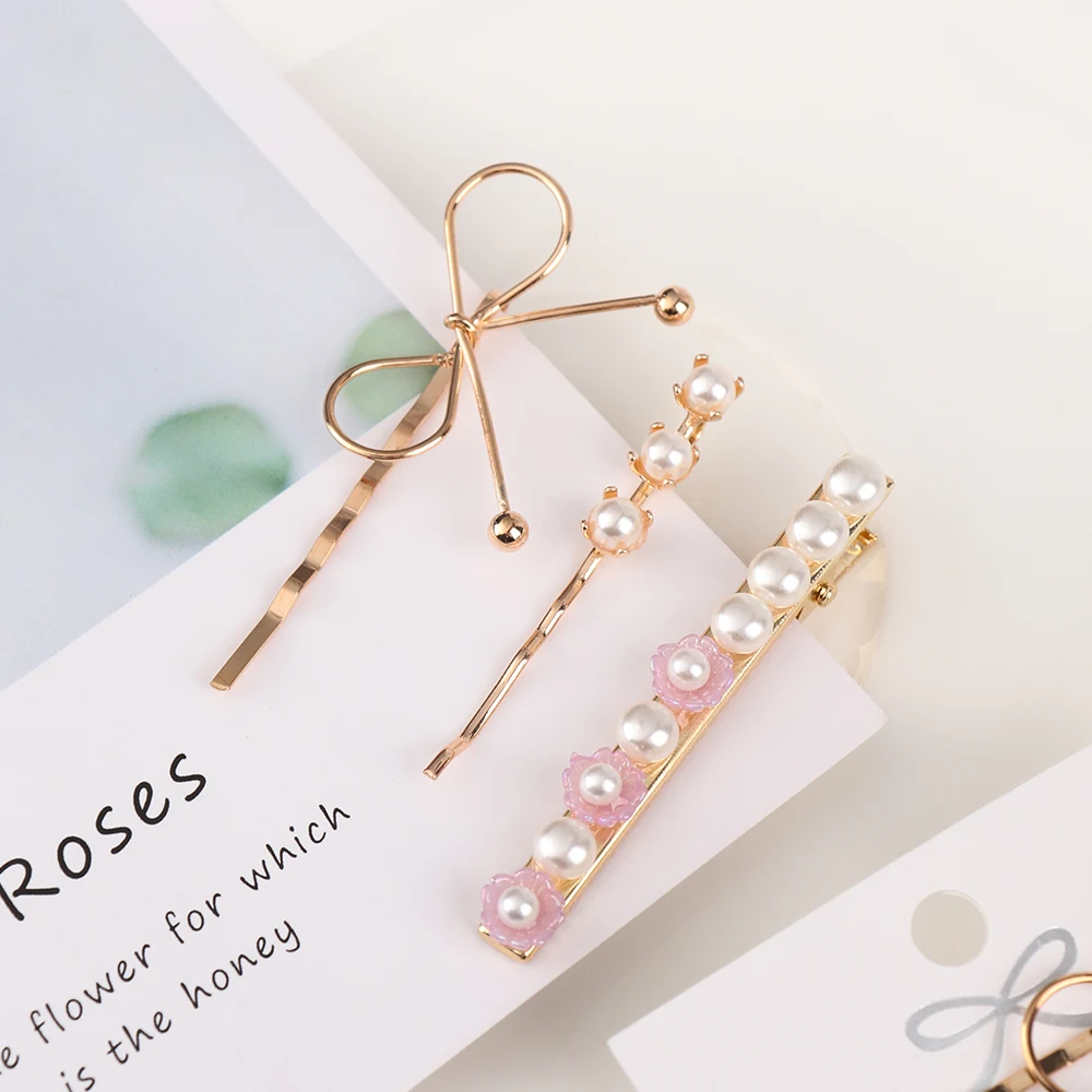 3PCS/Set Fashion Pearls Acetate Geometric Hair Clips For Women Girls Headband Sweet Hairpins Barrettes Hair Accessories Set