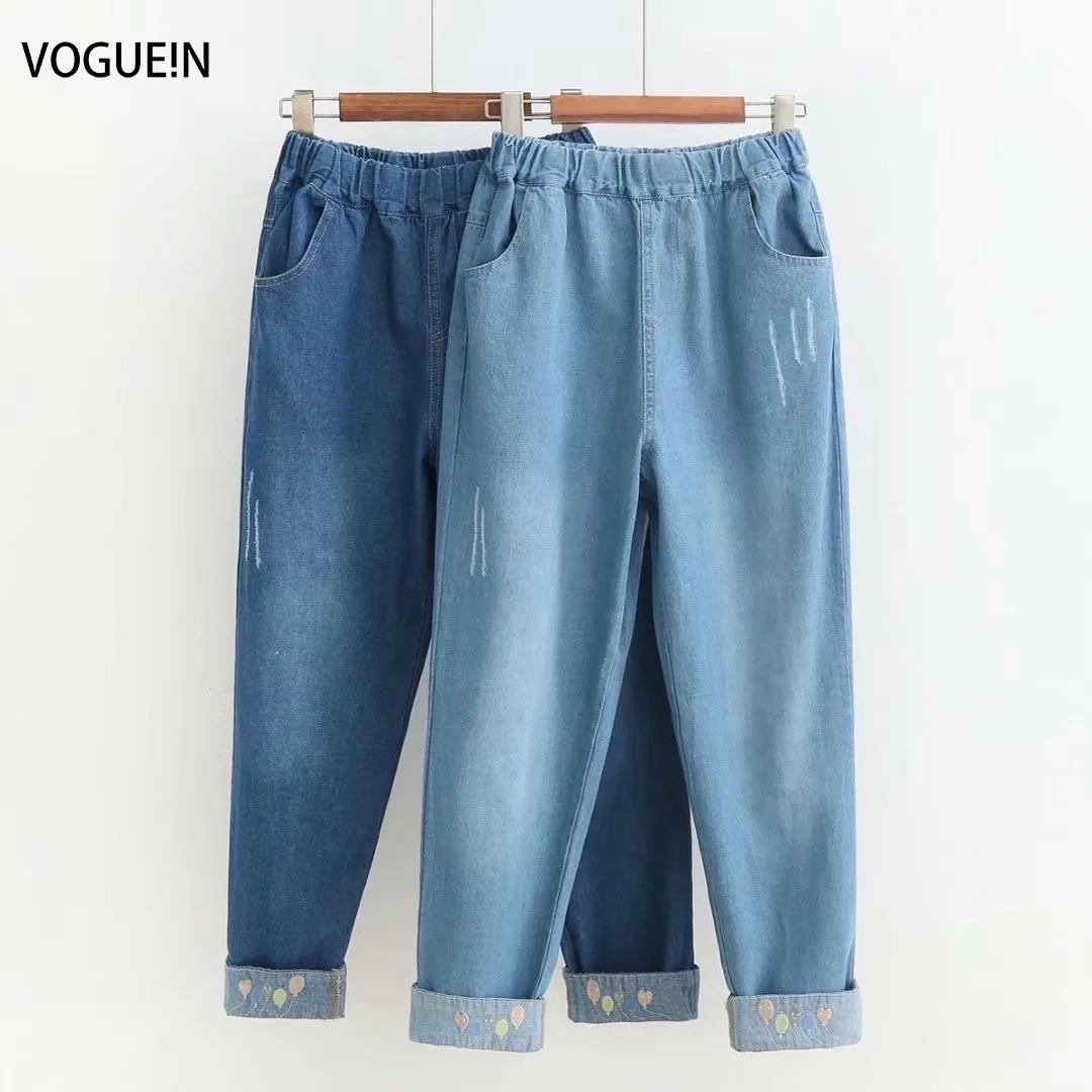 

VOGUEIN New Womens Casual Denim Pockets Balloon Embroidery Hem Trousers Pants Wholesale