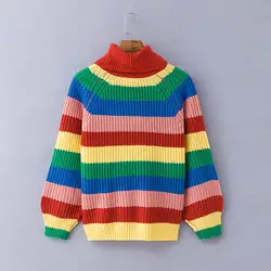 Радужный полосатый свитер 2019 Новый женский осенний модный оверсайз водолазка пуловеры свитер Свободный Трикотаж джемперы топ W593