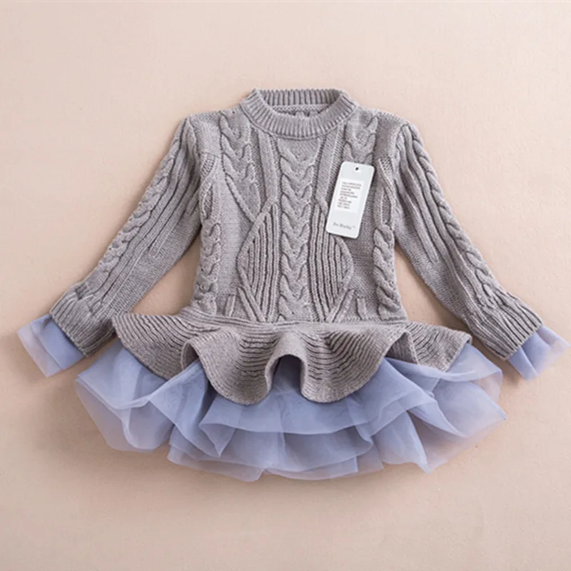 Вязаный свитер платье пуловеры свитера с кружевом короткие свитера платья длинный свитер с кружевом «кроше» для девочки детская одежда осень-зима оптом - Цвет: Синий