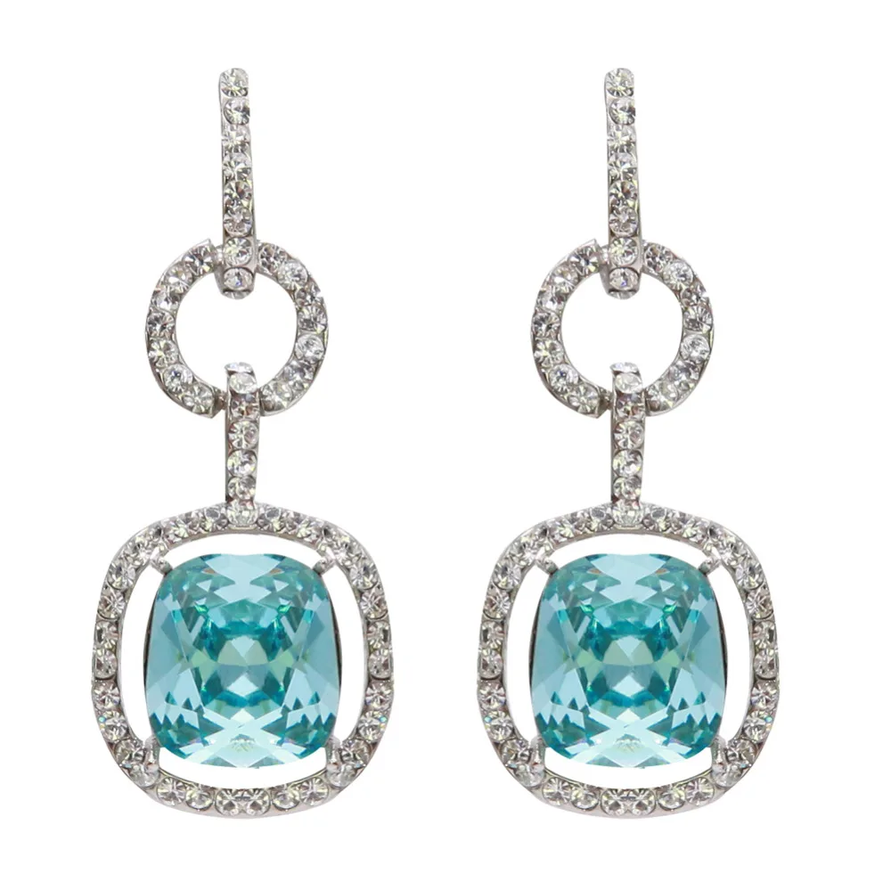 

Beautiful Bride Wedding Buckle Square Earrings Pierced Dangle Lake Blue Crystal