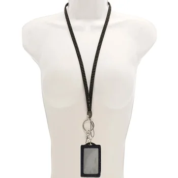 

1pcs Black Color Bling Rhinestone Crystal Custom Neck Lanyard With Vertical PU ID Card Badge Holder Office & School Supplies