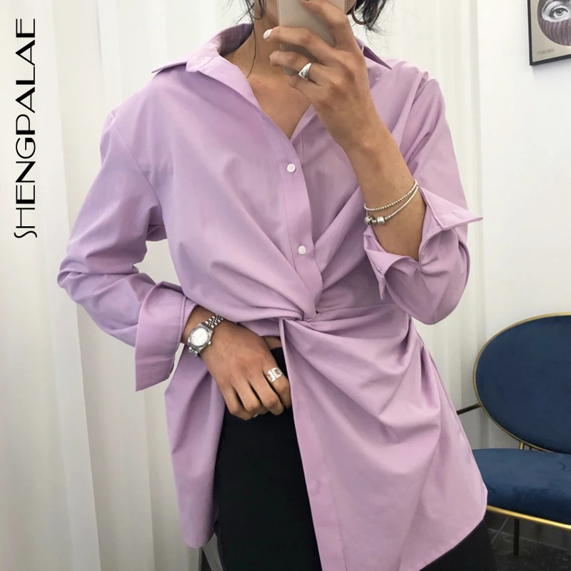 

SHENGPALAE New Spring Autumn Vintage Style Full Sleeve Single Breasted Pleated Button Turn-down Collar Loose Women Shirt FR637