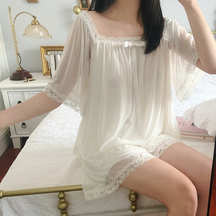 Women's Lolita Princess Pajama Sets Ruffle Tops+Shorts.Vintage Lady Girl's Lace Mesh Pyjamas set.Victorian Sleepwear Loungewear |