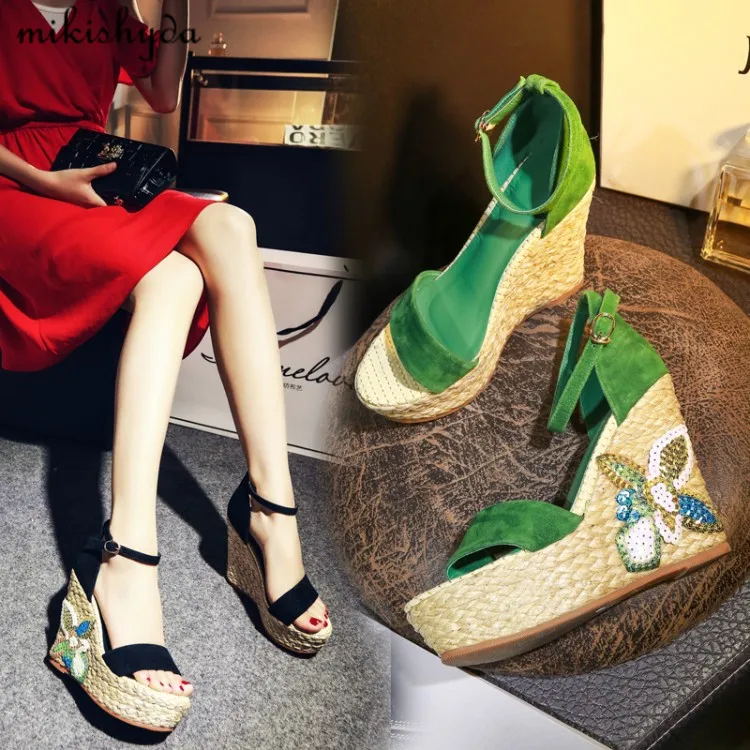 2017 Summer New Thick Sole Wedges Leather Sandals Espadrille 2017 Fashion Summer Sandals Women Thick Heel Platform