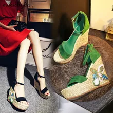 2017 Summer New Thick Sole Wedges Leather Sandals Espadrille Fashion Grass High-Heeled Open Toe Buckle Green Black Platform Shoe 2017 Summer New Thick Sole Wedges Leather Sandals Espadrille Fashion Grass High-Heeled Open Toe Buckle Green Black Platform Shoe