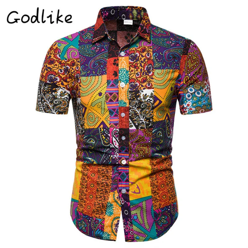 

GODLIKE 2019 men's short sleeve printed fashion business casual slim contrast color cotton shirt/ men shirt short sleeve