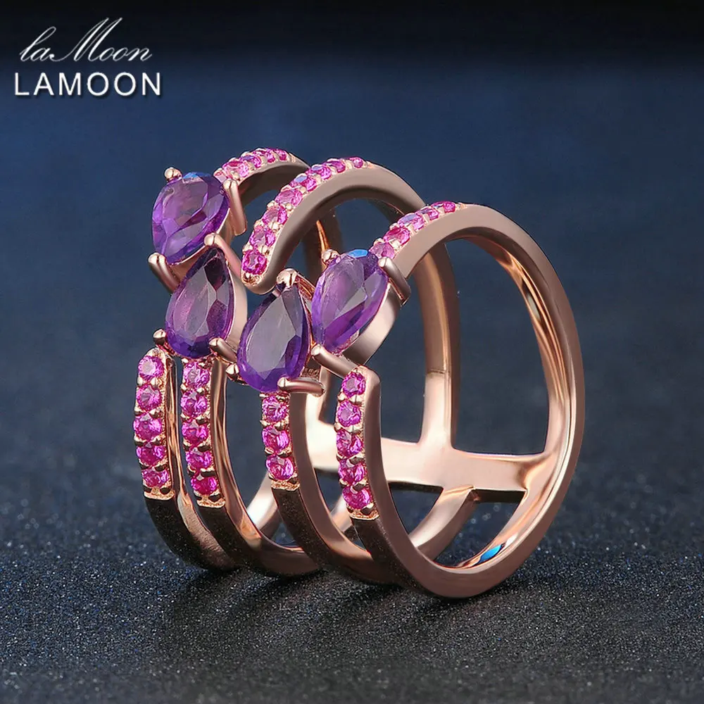 

LAMOON Rings Natural Amethyst 925 Sterling Silver Cocktail Rose Purple Multilayer Hollow Ring Unique Trendy Fine Jewelry