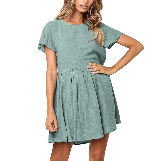 Women Summer Plus Size Short Sleeves Midi Swing T Shirt Dress Plain Solid Color Crew Neck Casual