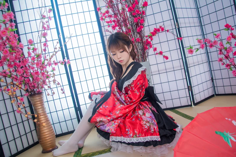 Шанхай история аниме костюмы для косплея с цветочным принтом кружево край кимоно юката платье горничной Meidofuku форма наряд