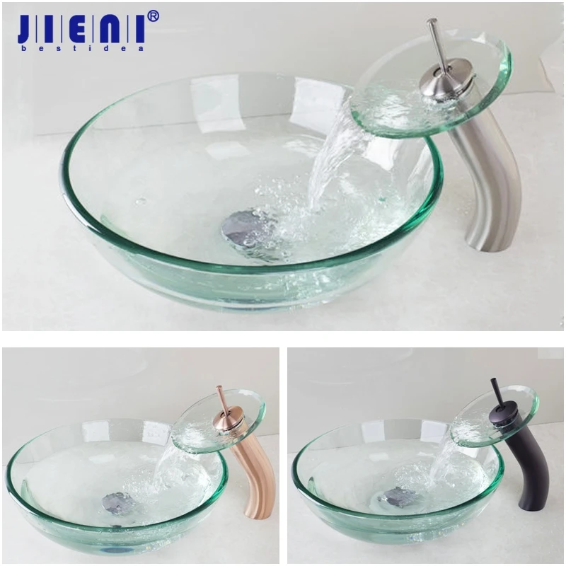 

Brushed Nickel Bathroom Sink Washbasin Black Tempered Glass Hand-Painted Chrome Waterfall Bath Brass Set Faucet Basin Mixer Tap