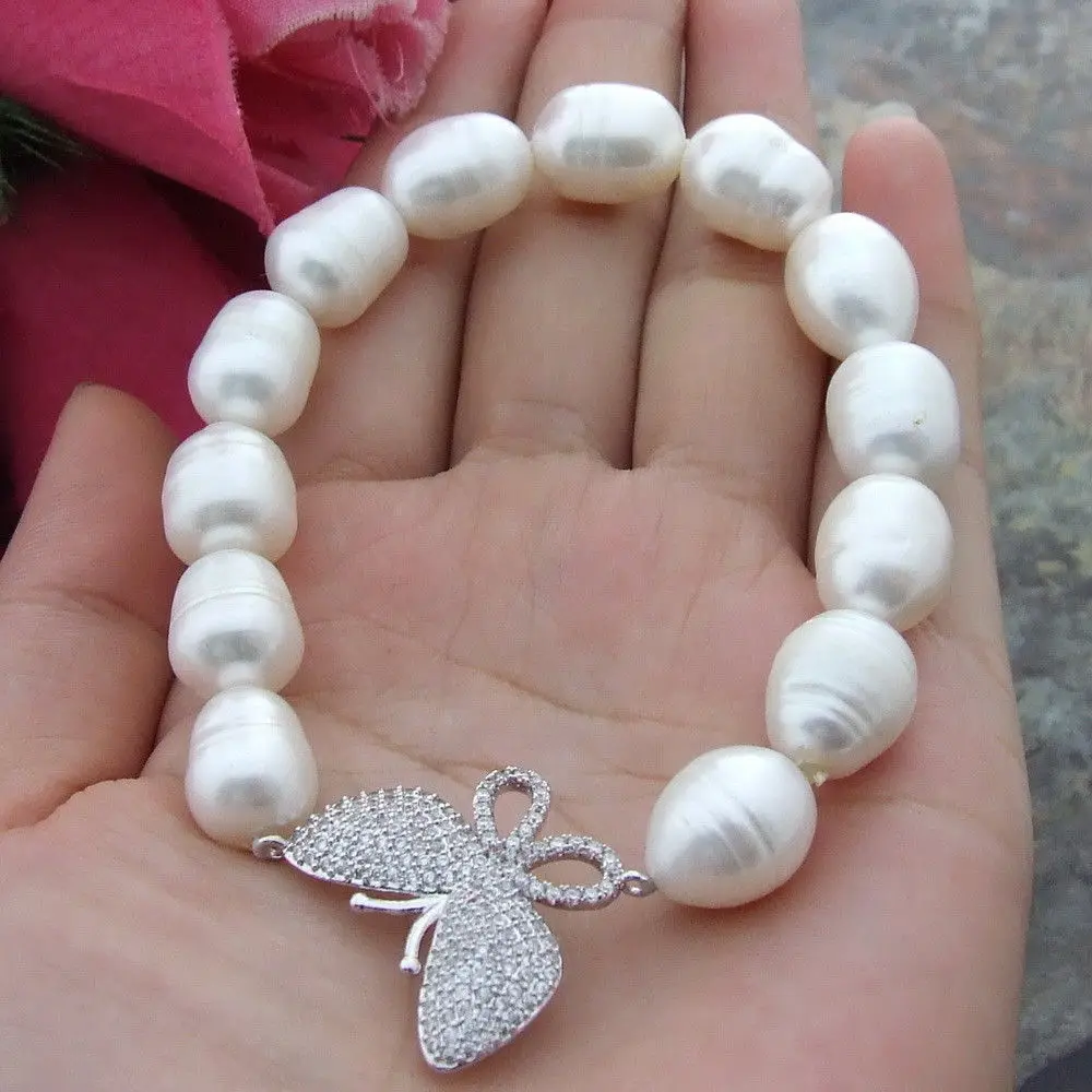 

FC101912 8" 10x13mm White Rice Freshwater Pearl Bracelet Butterfly Cz Connector