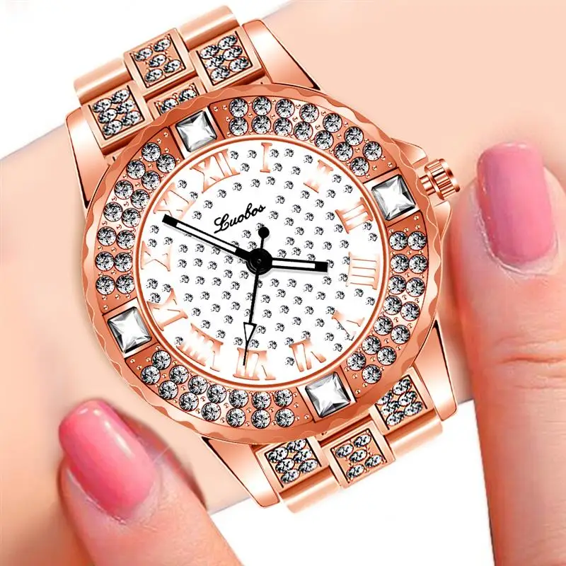 

Luxurious Rose Gold Watch For Women Bling Crystal Rhinestone Quartz Wristwatch Ladies Luxury Elegant Watches Roman Number Clock