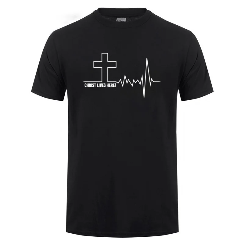 Христос живёт здесь крест сердцебиение христианская вера в Иисуса вдохновляющая футболка для мужчин и женщин хлопковая футболка с коротким рукавом
