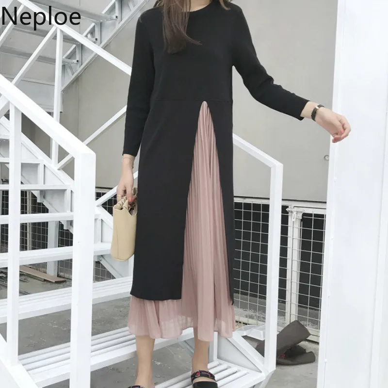 

Neploe Fake Two Piece Dresses Women New Split O-Neck Long Sleeve Vestidos Irregular Knitted Ruffles Dress 43691