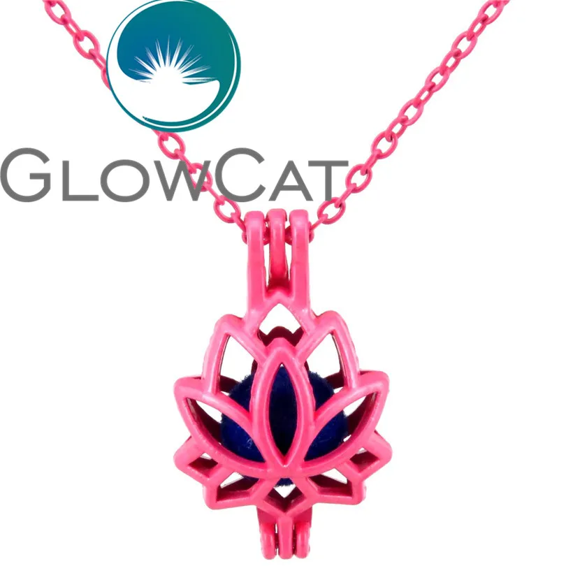 RR52 Hot Pink Lotus Flower Oyster Pearl Beads Cage Aromatherapy Essential Oil Diffuser 18'' Necklace Locket | Украшения и