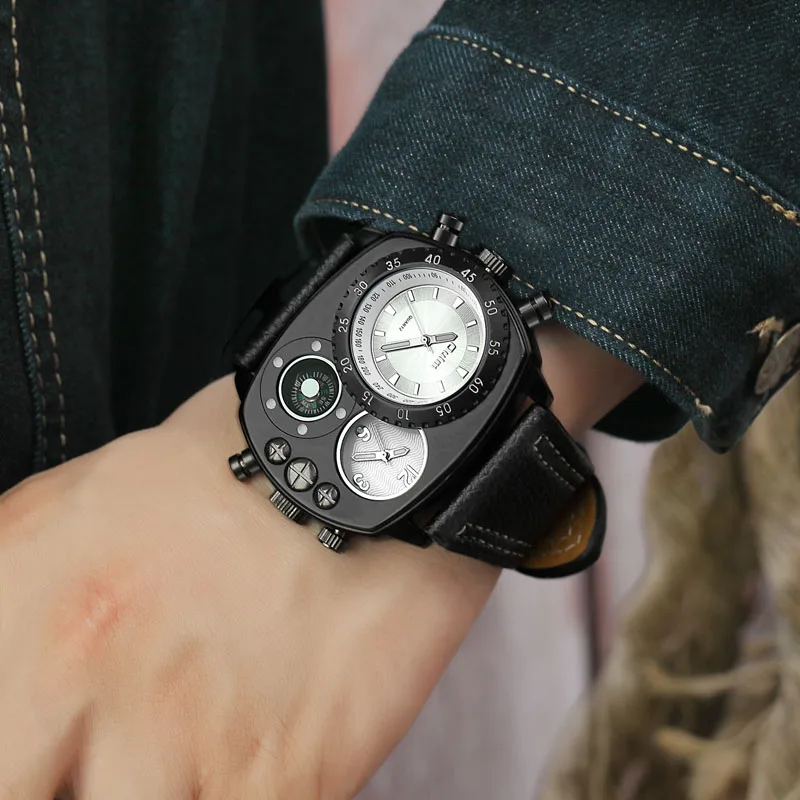 

Oulm Two Time Zone Sport Watch New Style Unique Leather Strap Wristwatch Male Quartz Clock Fashion Casual Men's Watches