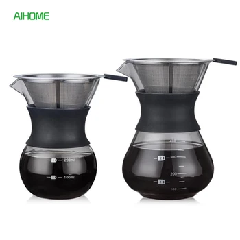 

200ml/400ml Pour Over Coffee Maker Filter Dripper Glass Container Coffee Percolators Stainless Steel Coffee Filter