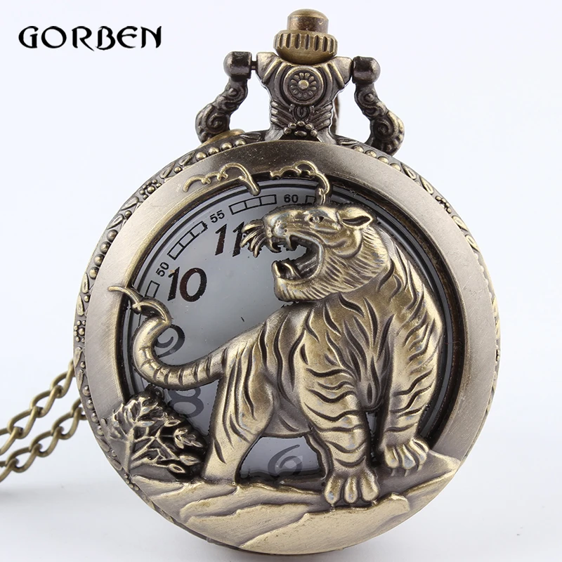 

Chinese Zodiac Bronze Tiger Hollow Case Quartz Pocket Watch Necklace Chain Pendant Womens Men Watches Gifts Relogio De Bolso