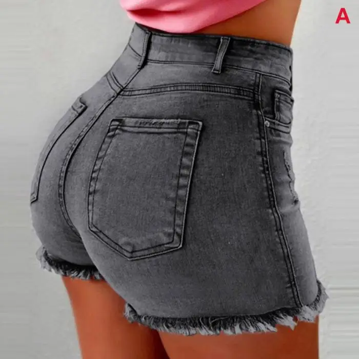 Women Short Jeans High Waist Tassel Hem Holes Hot Shorts for Summer KNG88