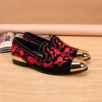 

New Gold/Red Embroidery Men Loafers Suede Leather Formal Zapatos Hombre Party Wedding Flowers Dress Shoes Flats Luxury Casual