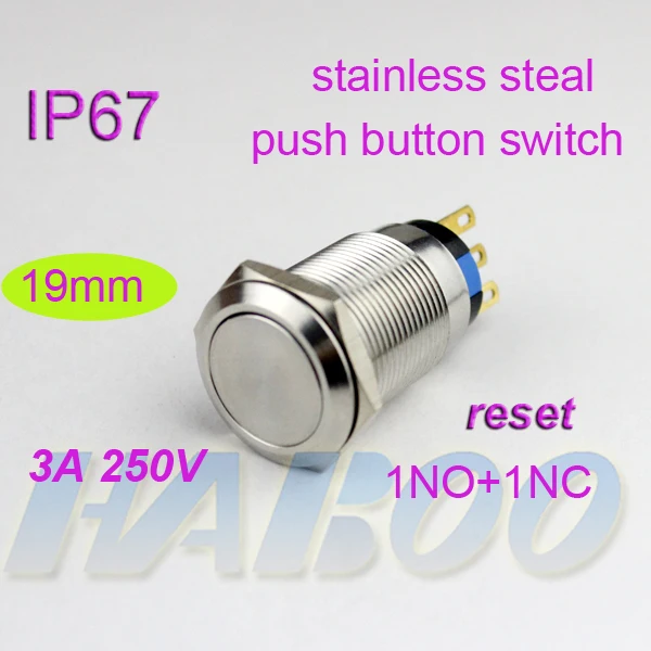 

waterproof IP67 HABOO dia.19mm anti-vandal reset metal push button switch 250V 3A flat head shipping free