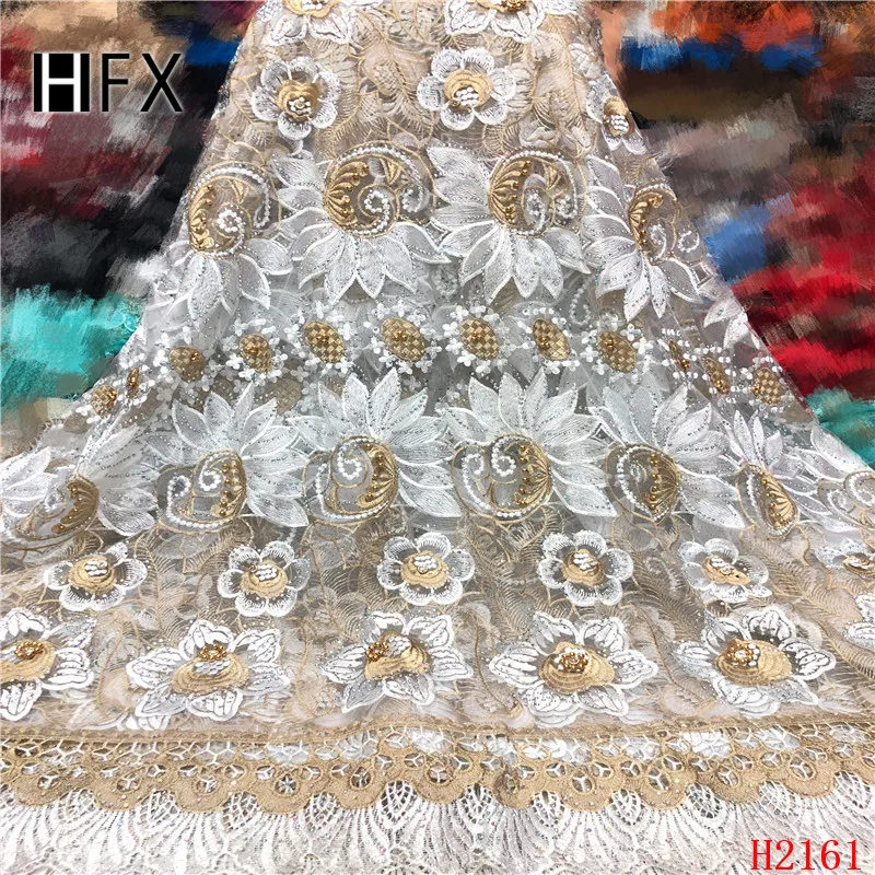 

HFX 2019 High quality white nigerian french lace african lace fabric with stones for party dress 5 yards/lot Free shipping H2161