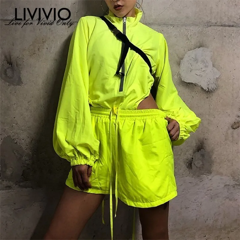 

[LIVIVIO] Neon Green Two Piece Set For Women Lantern Long Sleeve Zipper Sexy Playsuits High Waist Drawstring Short 2019 Summer