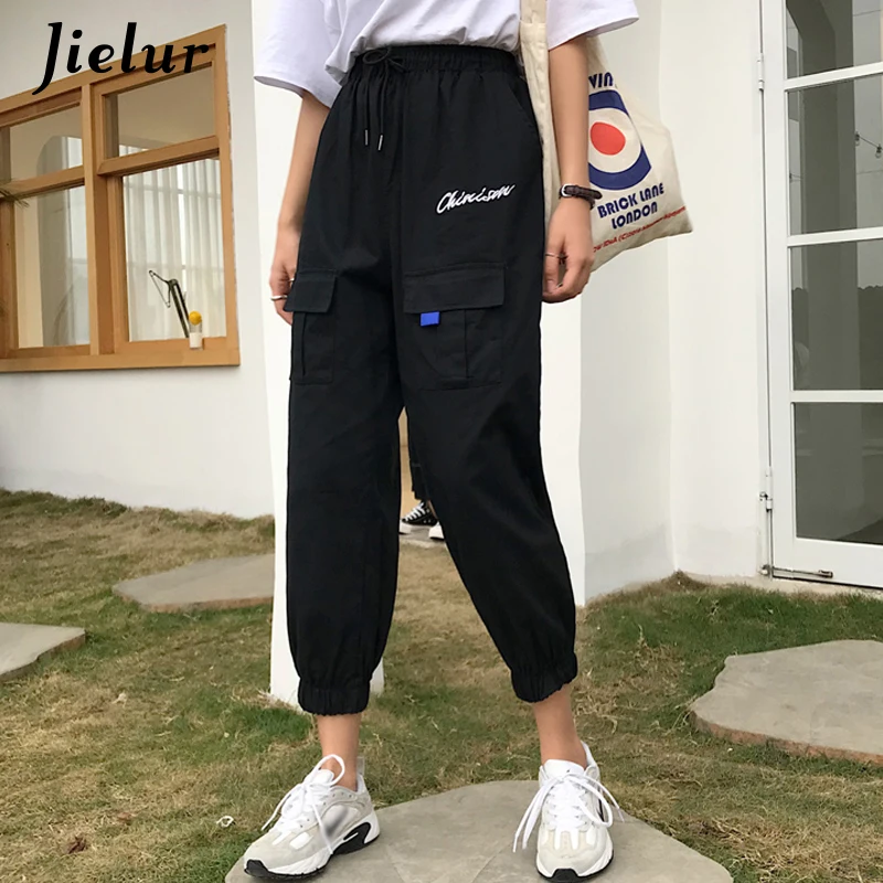 Jielur Trousers Women Hipster Cargo Summer Pants Drawstring Elastic Embroidery Women Pants Pantalon Femme 2019 New Black Jielur Trousers Women Hipster Cargo Summer Pants Drawstring Elastic Embroidery Women Pants Pantalon Femme 2019 New Black