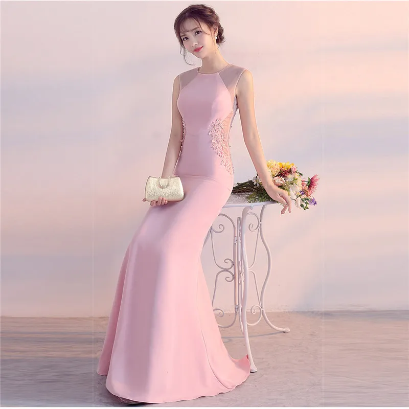 Solid Pink Cotton & Mesh Beaded Floral Appliques Mermaid Sexy Club Dresses 2018 New Arrival Party Dress Women Vestido Long Slim (4)