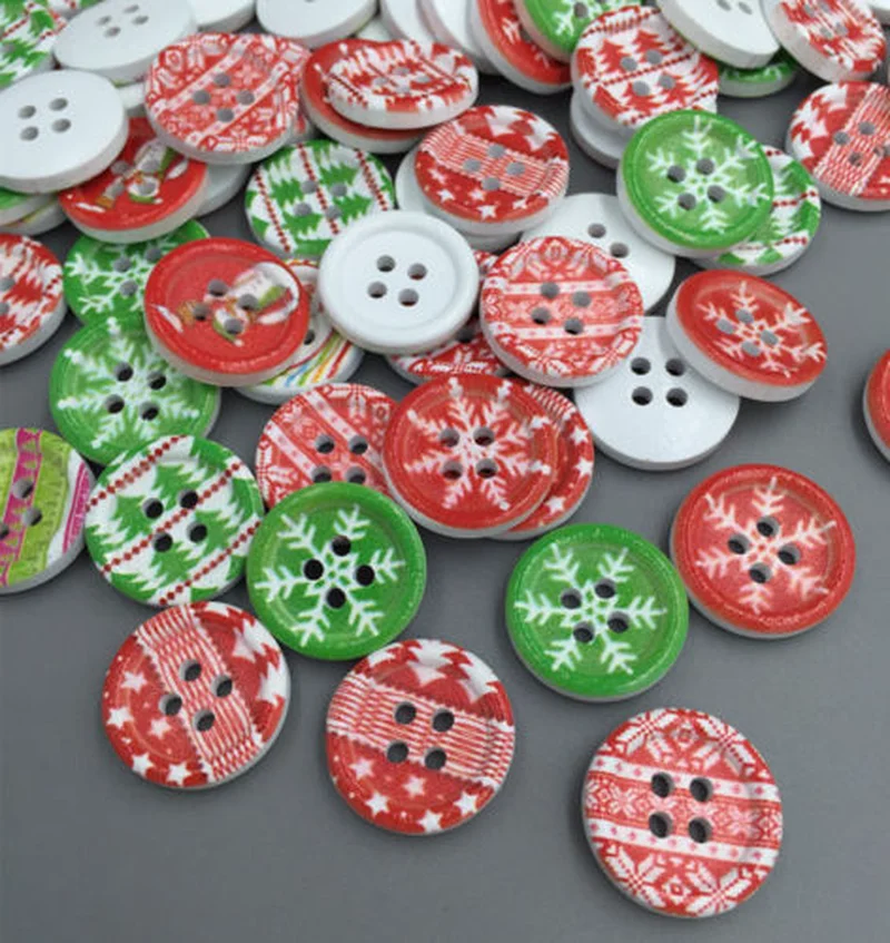 

DIY 100pcs Mixed Christmas Wooden Buttons Fit Sewing Scrapbook 4 Holes 18mm